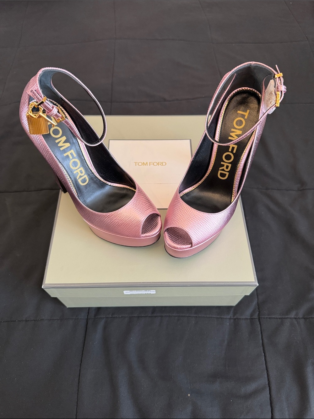 Tom Ford Metallic Pink Peep-Toe Platform Heels with Gold Buckle
